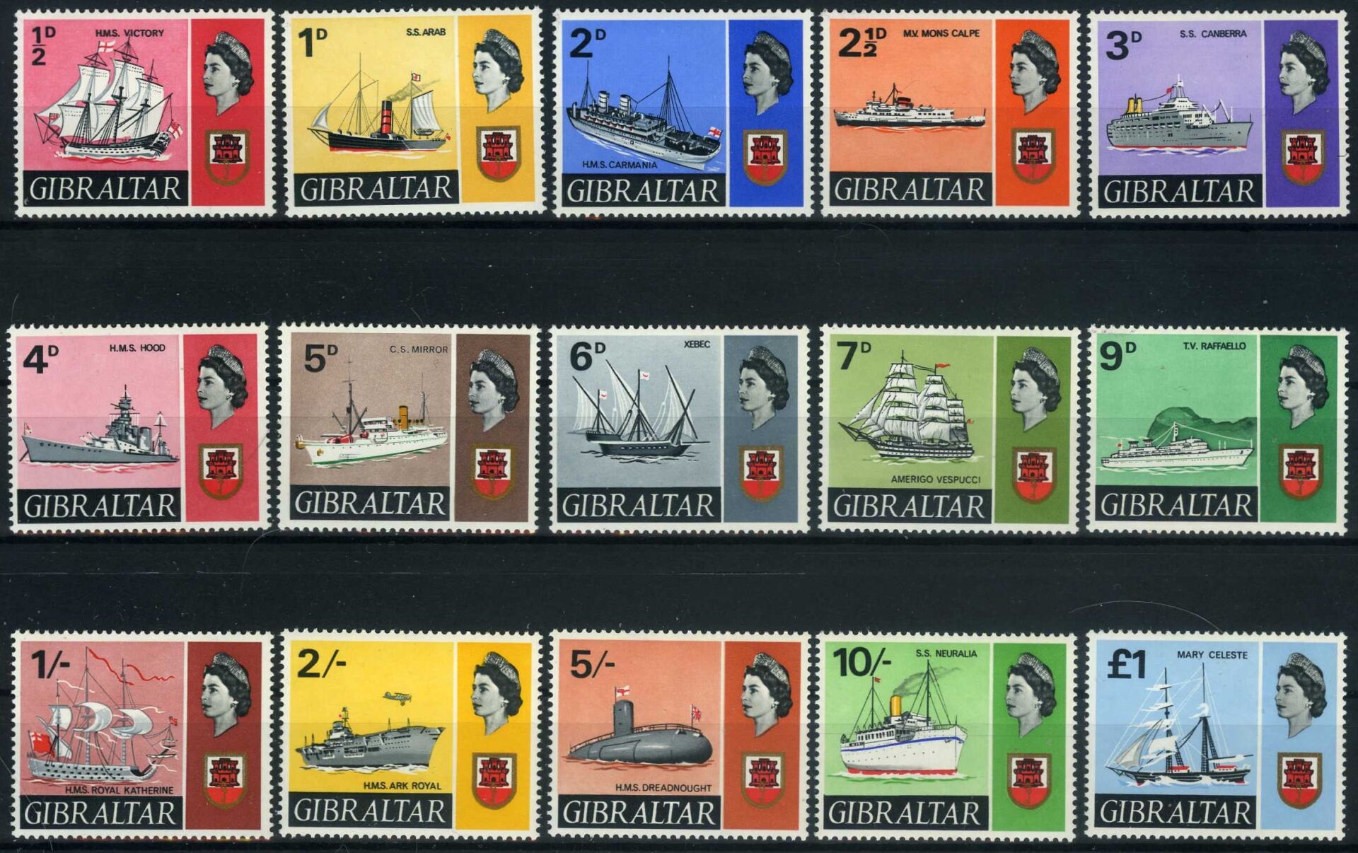 GEMİLER,15 Pulluk Damgasız-Gibraltar Gemiler Konulu Seri