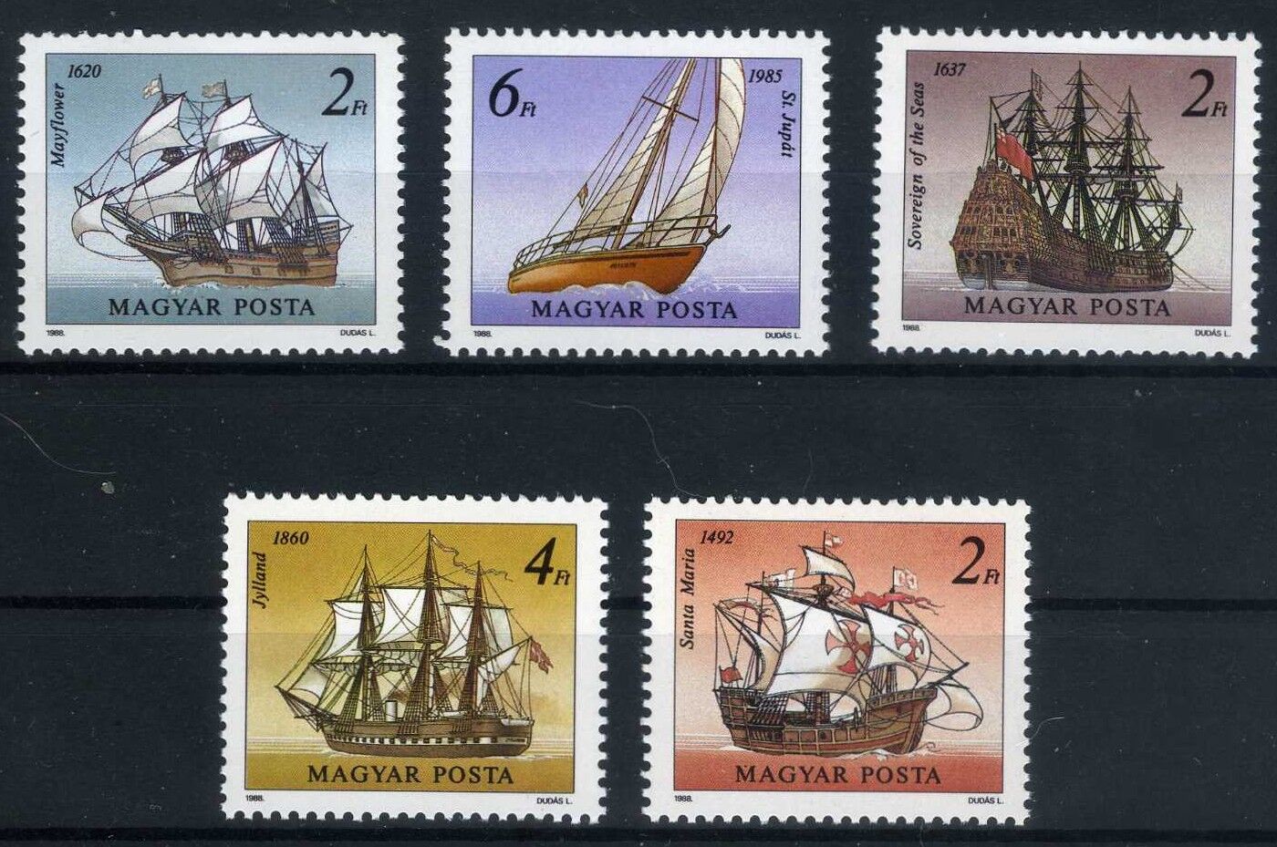 YELKENLİ GEMİLER,1988 MACARİSTAN 5 Pulluk Damgasız Tam Seri