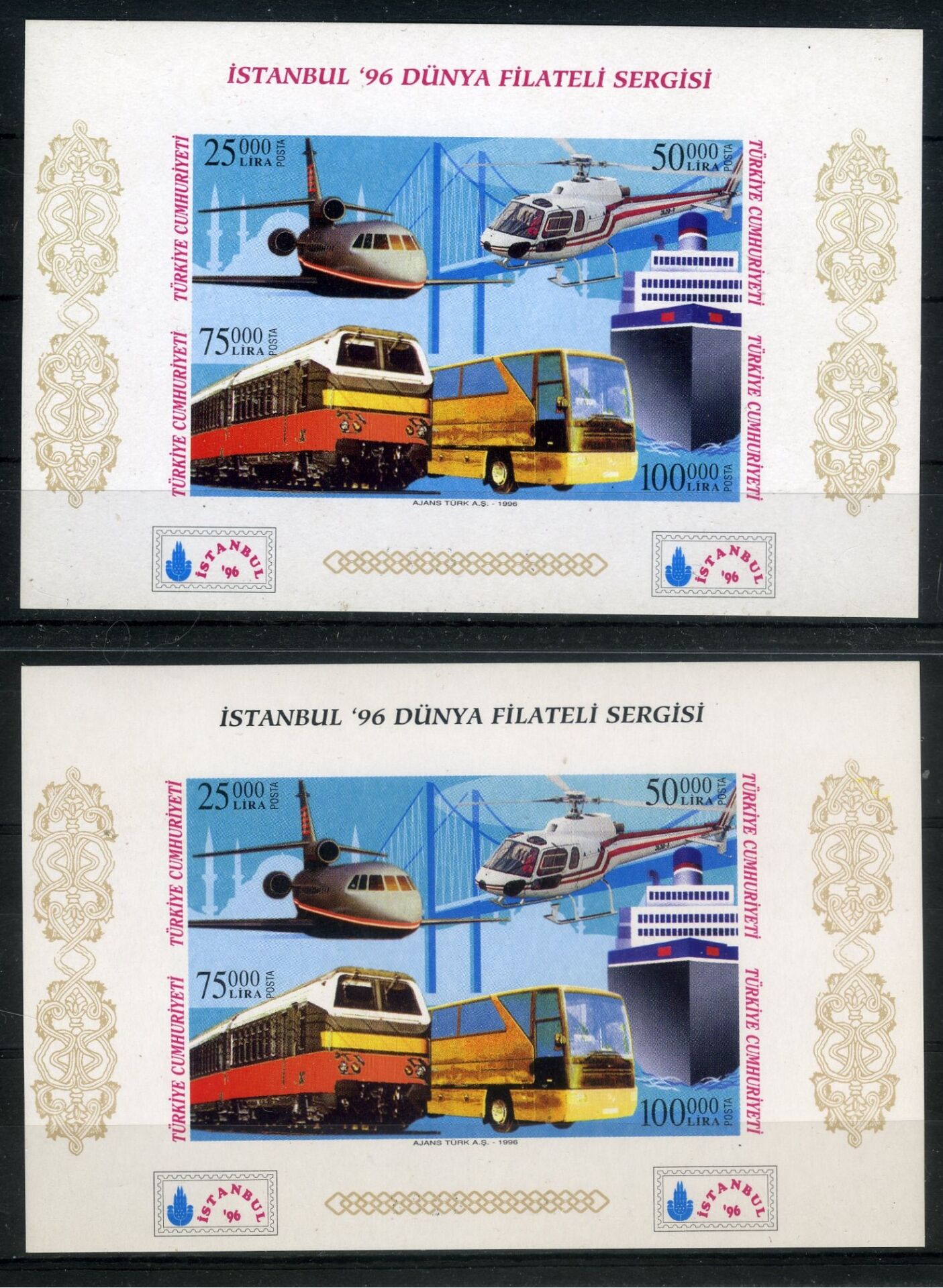 Koleksiyon Pulları,1996 Dünya Pul Sergisi Dantelsiz 2 Adet Blok