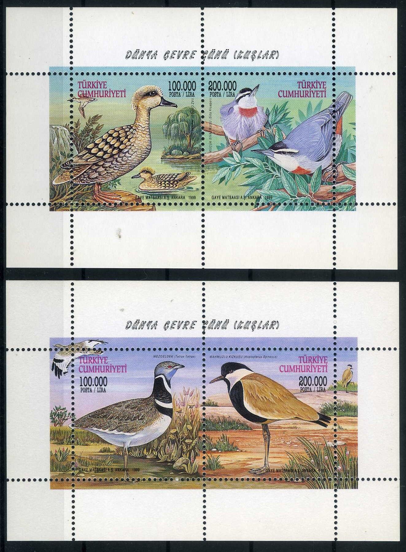 Koleksiyon Pulları,1999 Dünya Çevre Günü Kuşlar Konulu 2 adet Özel Blok