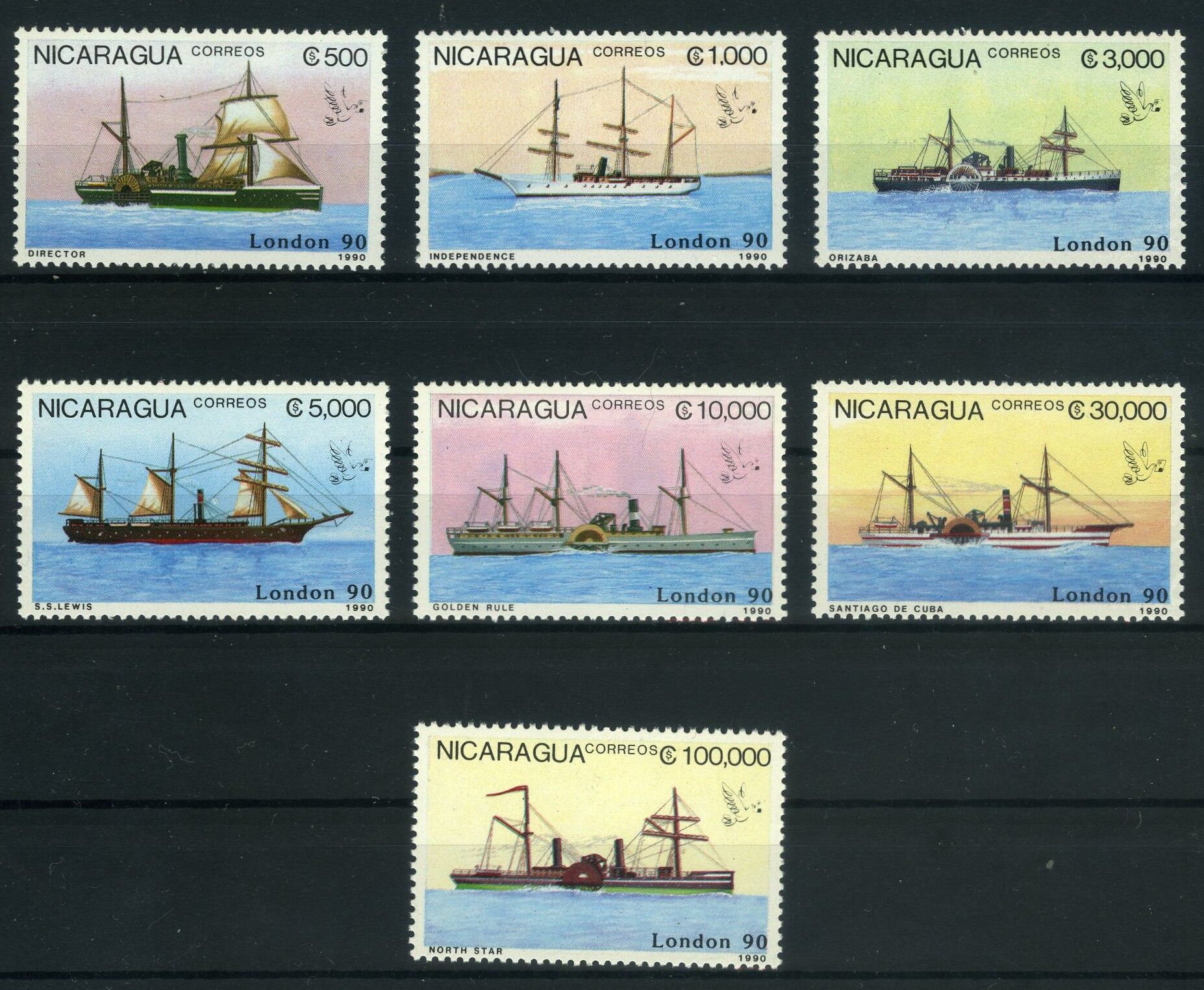 Koleksiyon Pulları, 1990 Gemiler Nicaragua 7 Pul Damgasız Tam Seri