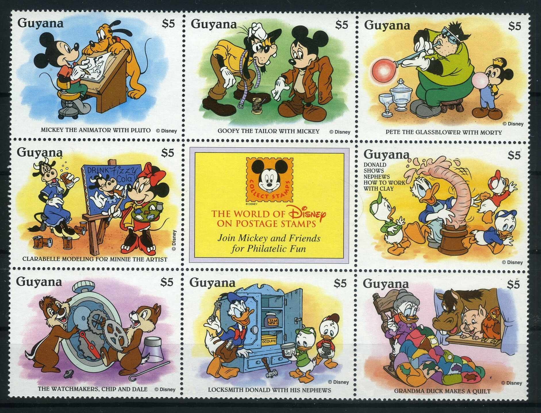 Koleksiyon Pulları,Walt Disney,Guyana 9'lu Blok Damgasız Tam Seri,Jst-19