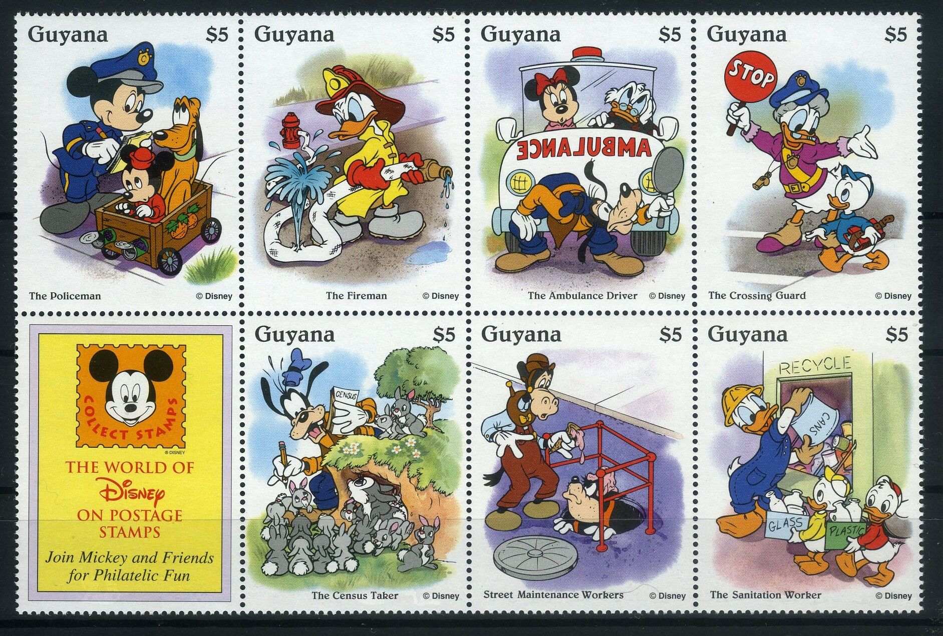 Koleksiyon Pulları,Walt Disney,Guyana 8'li Blok Damgasız Tam Seri,Jst-21