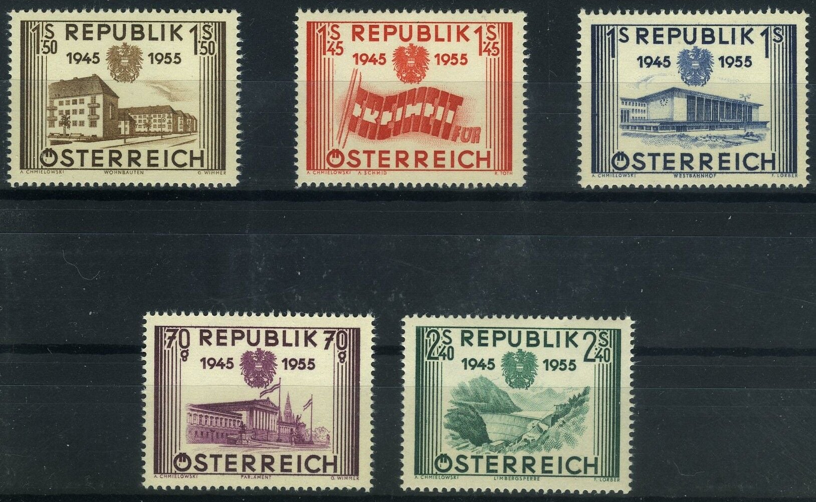 Koleksiyon Pulları,1955 Avusturya 5 Pulluk Damgasız Tam Seri,J.Stamps-89