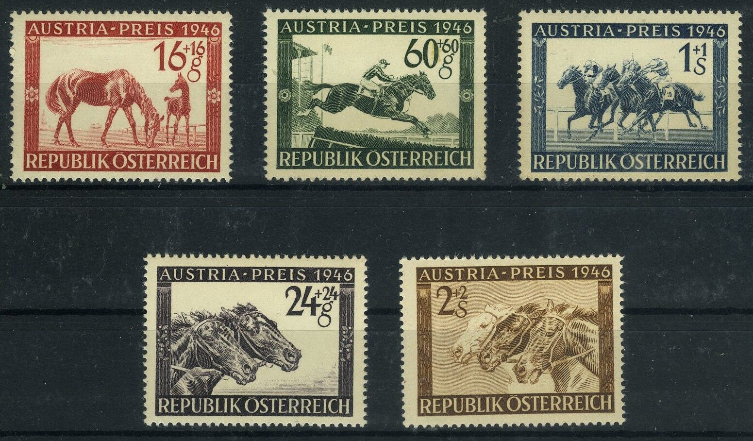 Koleksiyon Pulları,1946 Avusturya At Yarışı,5 Pulluk Damgasız Seri,J.Stamps-1946