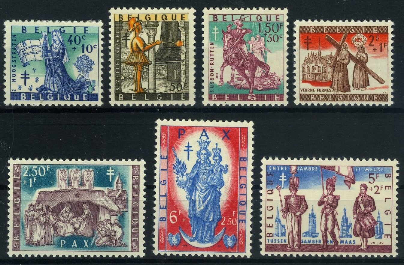 Koleksiyon Pulları,1958 Belçika Noel ve Barış Konulu 7 Pulluk Damgasız Tam Seri, Bel-7