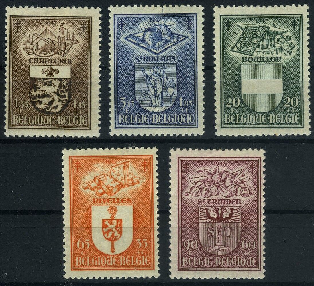 Koleksiyon Pulları,1946 Belçika,Şehir Armaları,5 Pulluk Damgasız Tam Seri,Bel-29