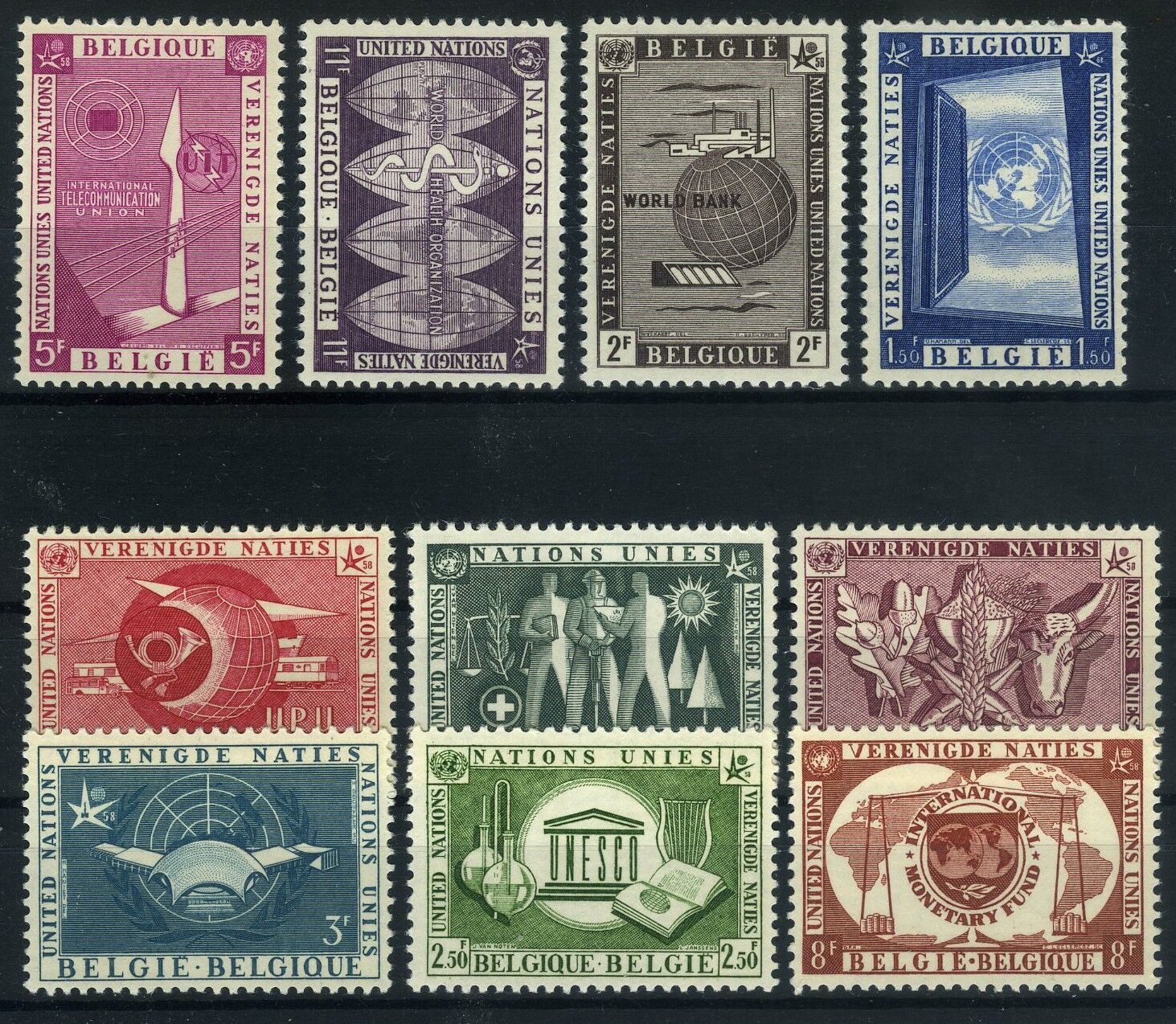 Koleksiyon Pulları,1958 BELÇİKA,10 Pulluk Damgasız Tam Seri, Bel-56