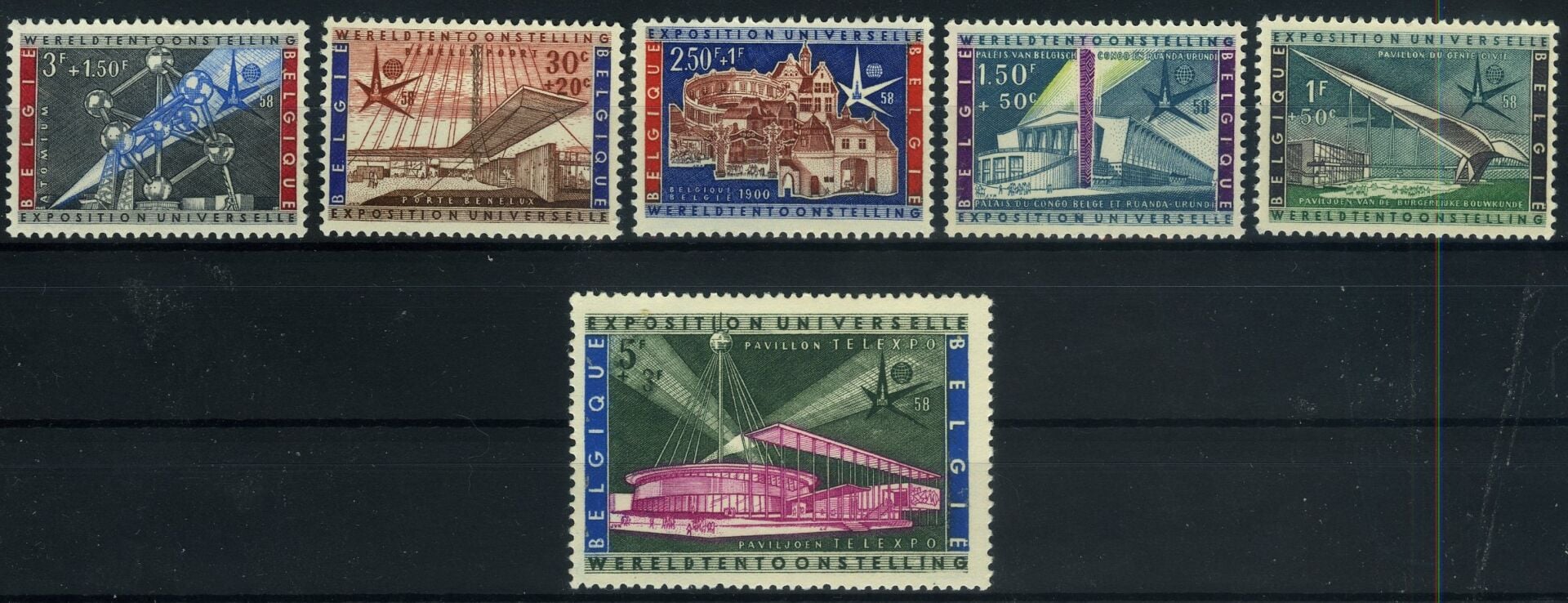 Koleksiyon Pulları,1958 BELÇİKA, 6 Pulluk Damgasız Tam seri,Bel-57